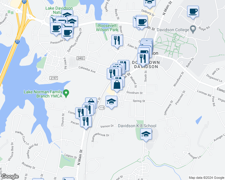 map of restaurants, bars, coffee shops, grocery stores, and more near 466 South Main Street in Davidson