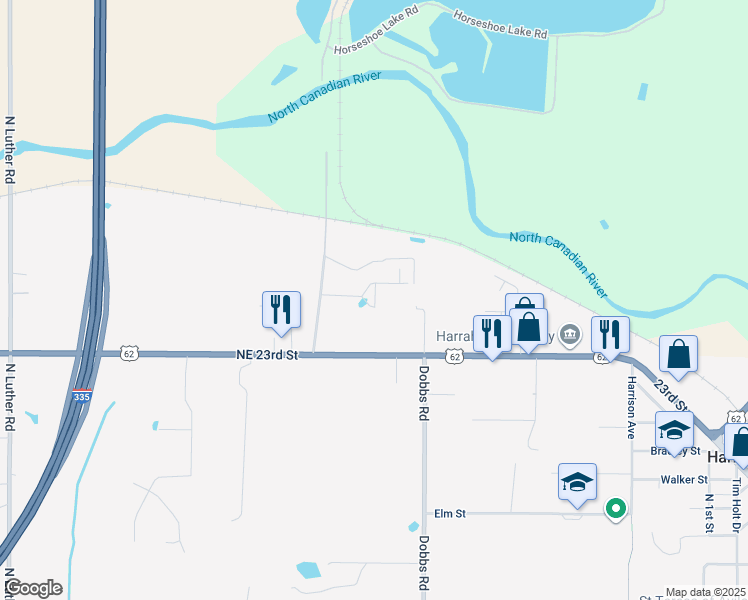 map of restaurants, bars, coffee shops, grocery stores, and more near 2400 Whites Meadow Drive in Harrah