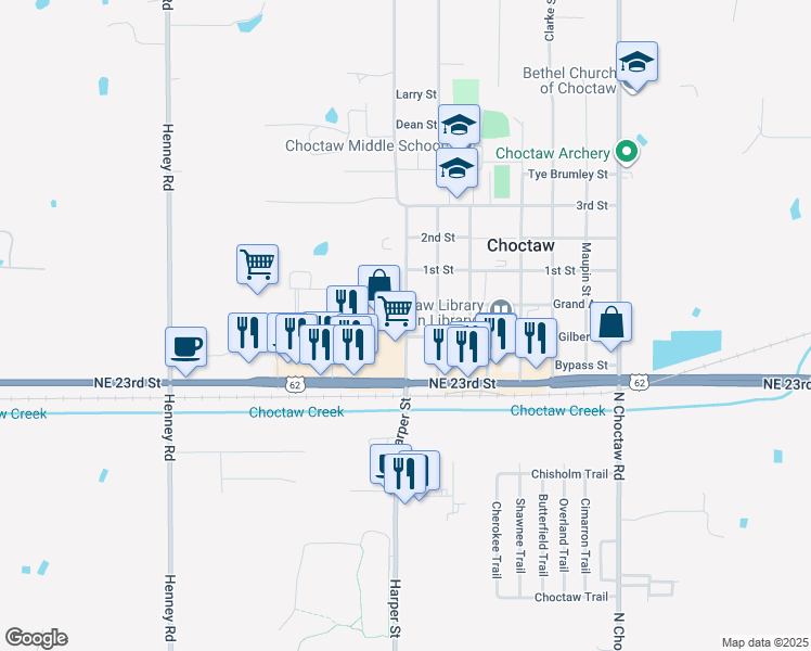 map of restaurants, bars, coffee shops, grocery stores, and more near 2496 Harper Road in Choctaw