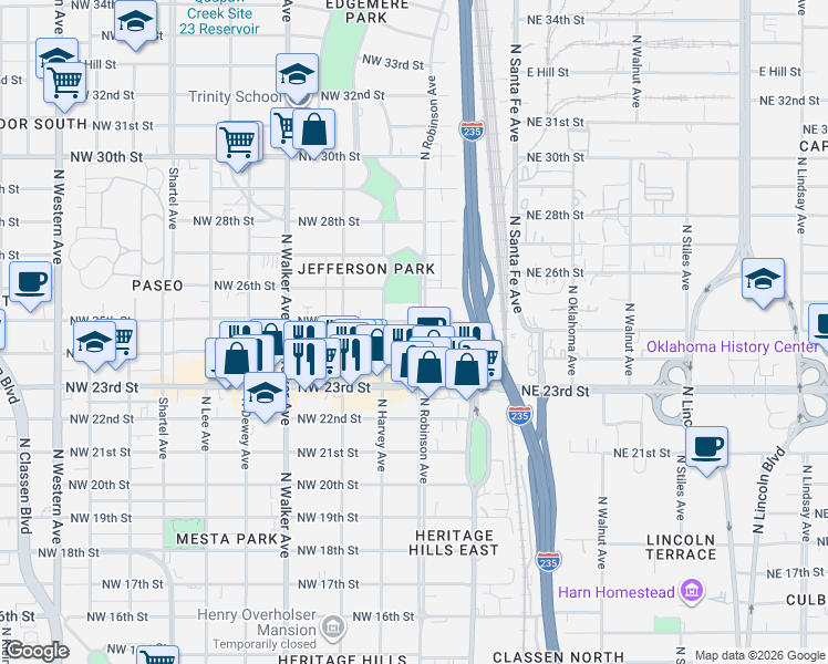 map of restaurants, bars, coffee shops, grocery stores, and more near 213 Northwest 24th Street in Oklahoma City