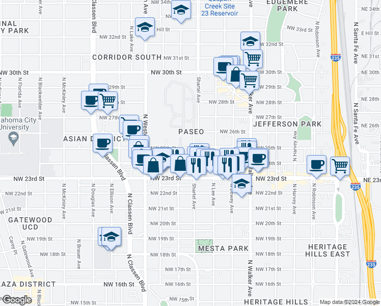map of restaurants, bars, coffee shops, grocery stores, and more near 733 Northwest 24th Street in Oklahoma City