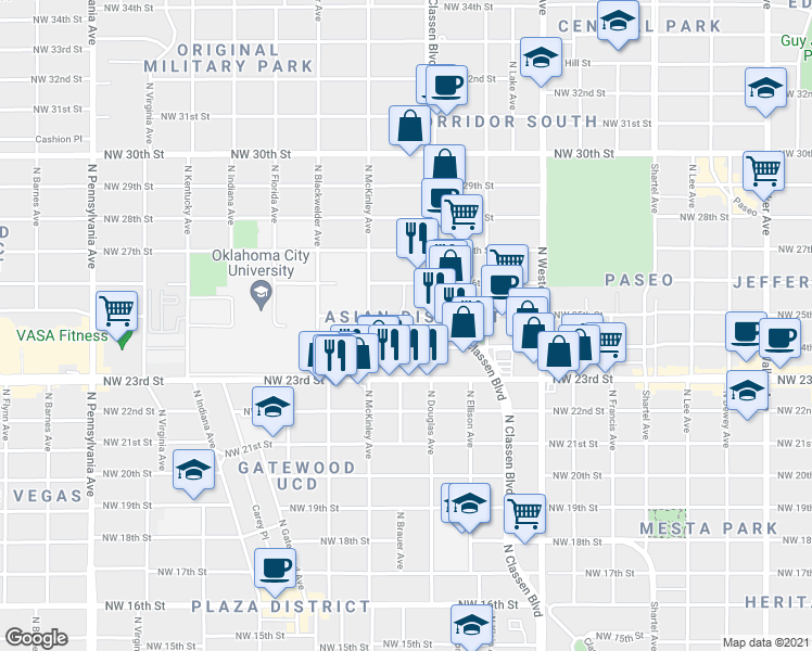 map of restaurants, bars, coffee shops, grocery stores, and more near 1433 Northwest 24th Street in Oklahoma City