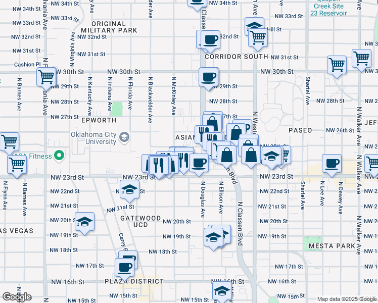 map of restaurants, bars, coffee shops, grocery stores, and more near 1433 Northwest 24th Street in Oklahoma City