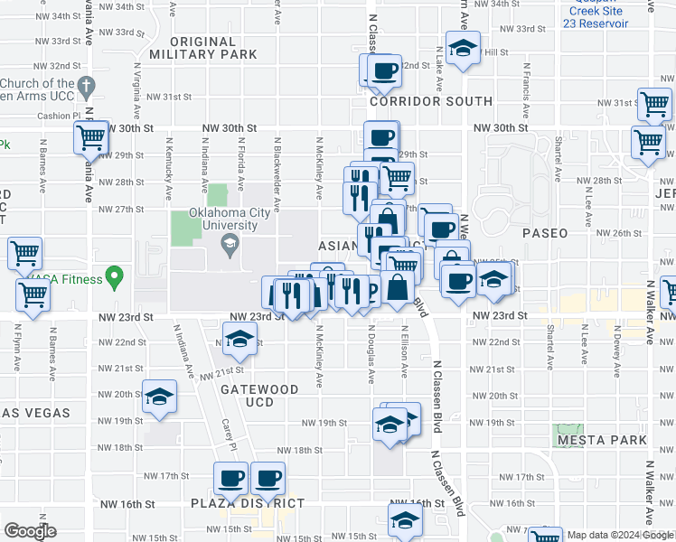 map of restaurants, bars, coffee shops, grocery stores, and more near 1433 Northwest 24th Street in Oklahoma City