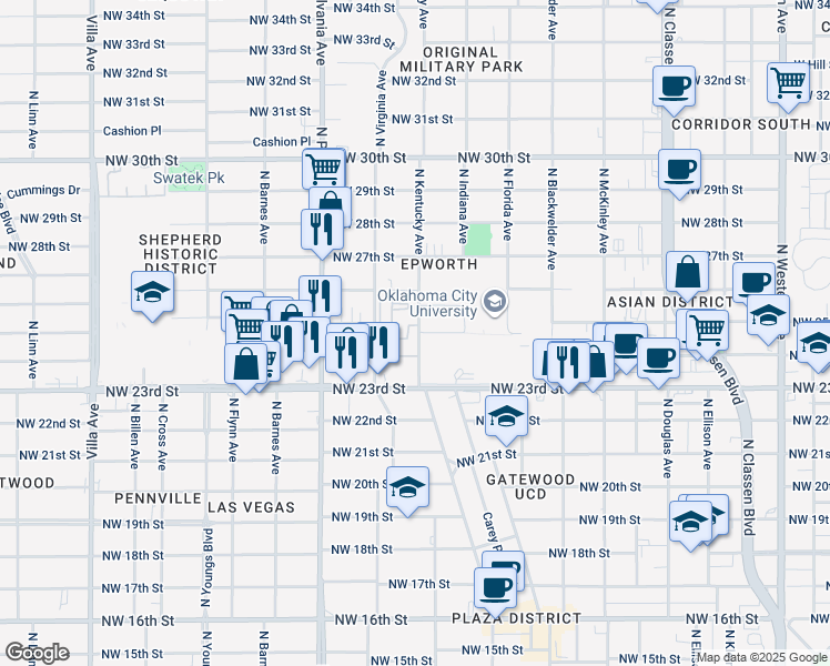 map of restaurants, bars, coffee shops, grocery stores, and more near 2548-2598 N Kentucky Ave in Oklahoma City