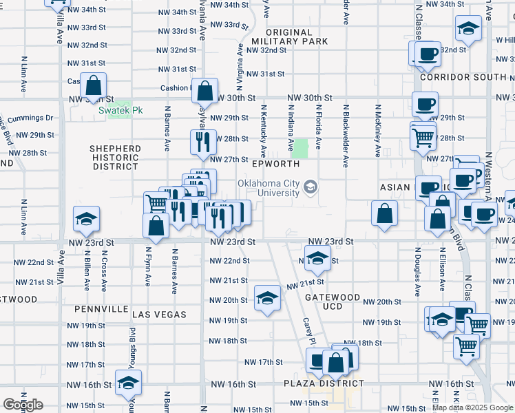 map of restaurants, bars, coffee shops, grocery stores, and more near 1915 North West 24th Street in Oklahoma City