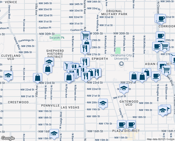 map of restaurants, bars, coffee shops, grocery stores, and more near 2500 North Pennsylvania Avenue in Oklahoma City
