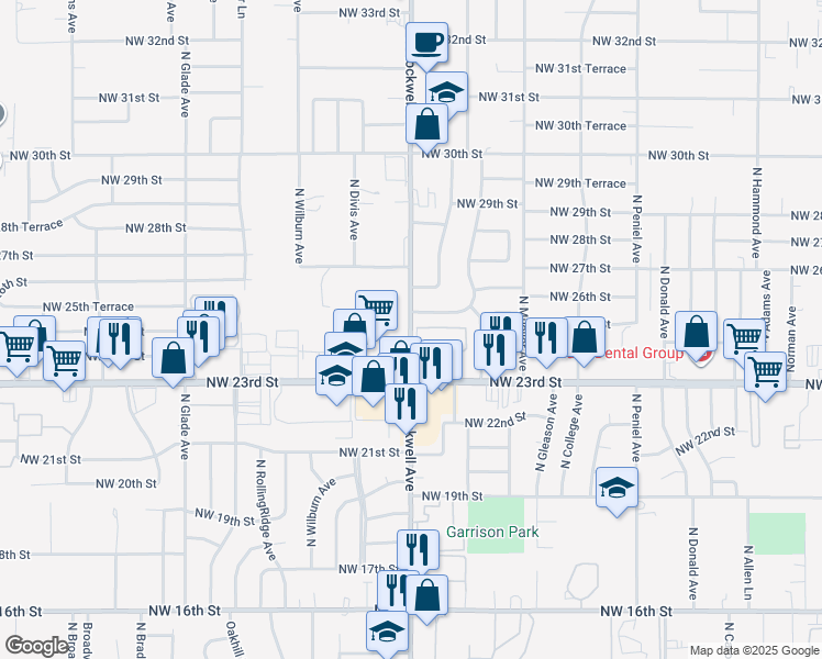 map of restaurants, bars, coffee shops, grocery stores, and more near 2508 North Rockwell Avenue in Bethany