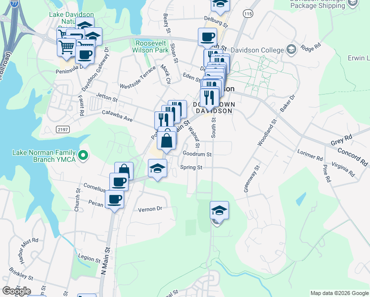 map of restaurants, bars, coffee shops, grocery stores, and more near in Davidson