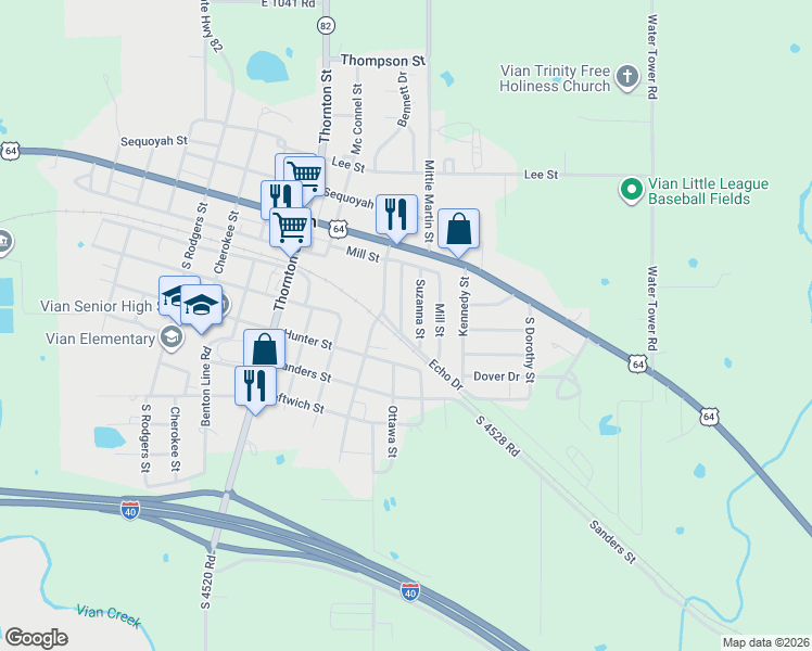 map of restaurants, bars, coffee shops, grocery stores, and more near 213 Mill Street in Vian