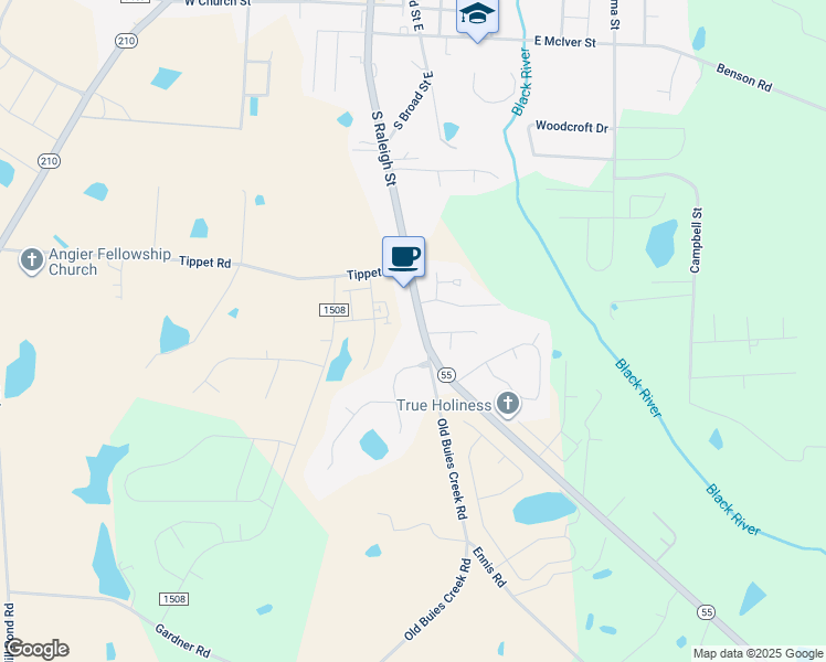 map of restaurants, bars, coffee shops, grocery stores, and more near 848 South Raleigh Street in Angier