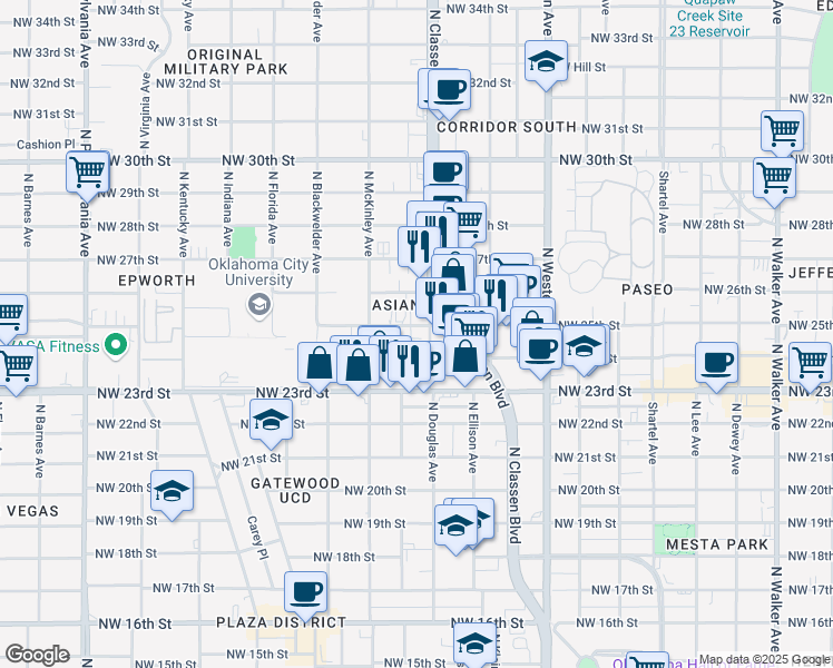 map of restaurants, bars, coffee shops, grocery stores, and more near 1404 Northwest 25th Street in Oklahoma City