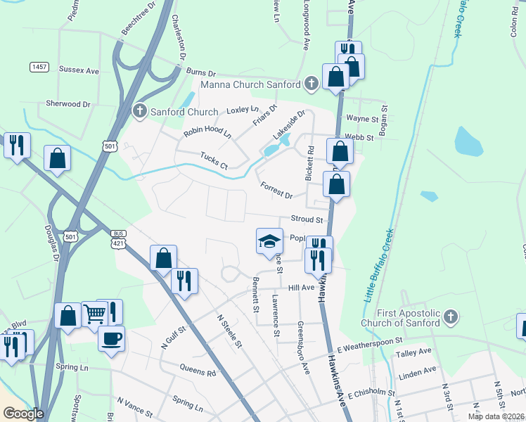 map of restaurants, bars, coffee shops, grocery stores, and more near 1007 Lawrence Street in Sanford