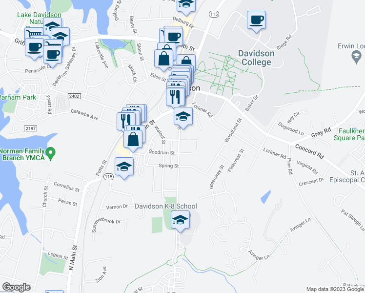 map of restaurants, bars, coffee shops, grocery stores, and more near in Davidson