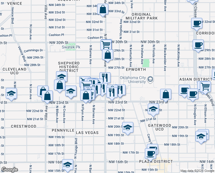 map of restaurants, bars, coffee shops, grocery stores, and more near 2501 North Pennsylvania Avenue in Oklahoma City