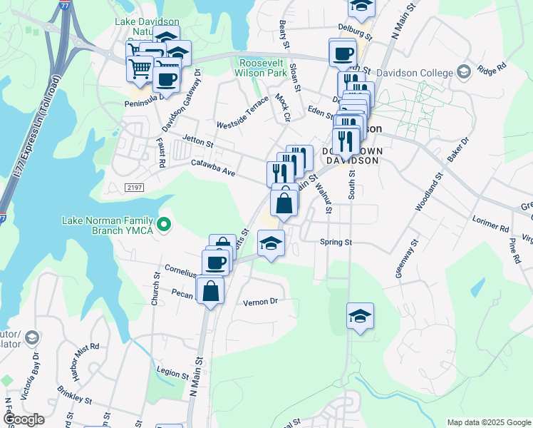 map of restaurants, bars, coffee shops, grocery stores, and more near 726 Cotton Gin Alley in Davidson