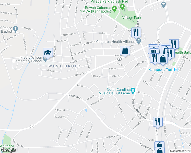 map of restaurants, bars, coffee shops, grocery stores, and more near 925 Miller Street in Kannapolis