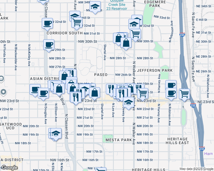 map of restaurants, bars, coffee shops, grocery stores, and more near 733 Northwest 24th Street in Oklahoma City