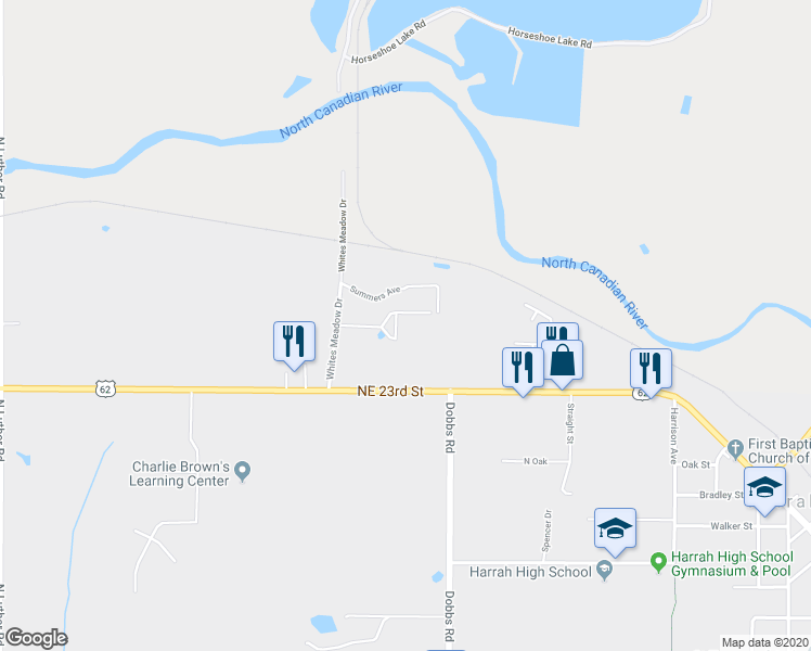 map of restaurants, bars, coffee shops, grocery stores, and more near 2400 Whites Meadow Drive in Harrah