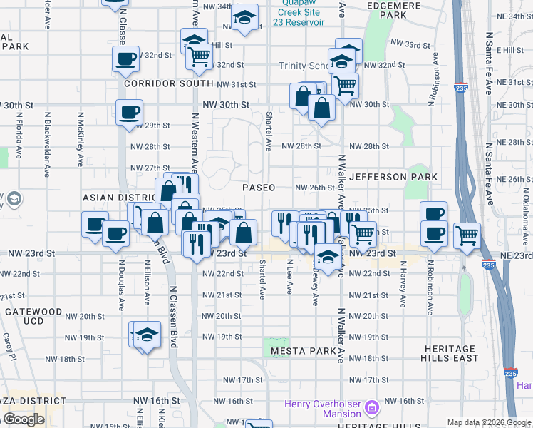 map of restaurants, bars, coffee shops, grocery stores, and more near 733 Northwest 24th Street in Oklahoma City