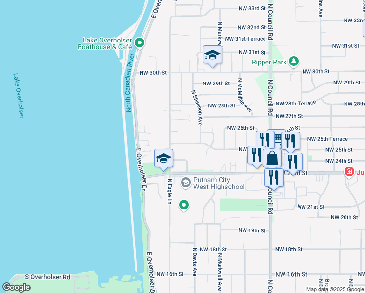 map of restaurants, bars, coffee shops, grocery stores, and more near 8325 Northwest 24th Street in Oklahoma City