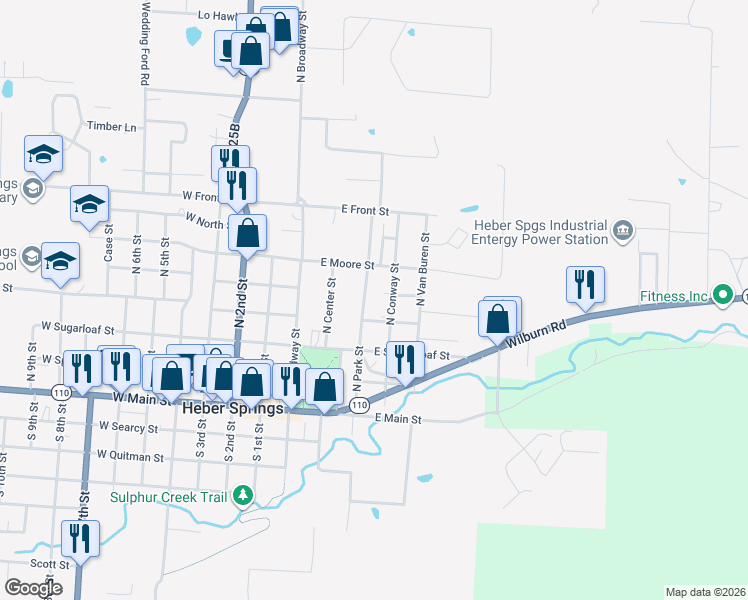 map of restaurants, bars, coffee shops, grocery stores, and more near 403 North Conway Street in Heber Springs
