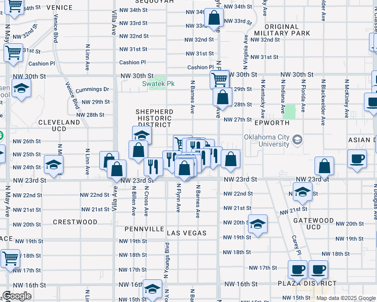 map of restaurants, bars, coffee shops, grocery stores, and more near 2217 Northwest 23rd Street in Oklahoma City