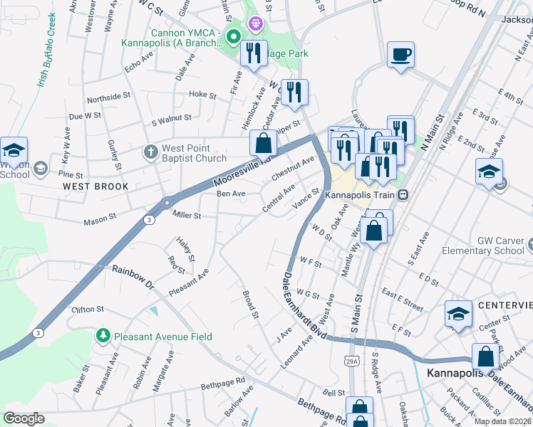 map of restaurants, bars, coffee shops, grocery stores, and more near 333 Vance Avenue in Kannapolis