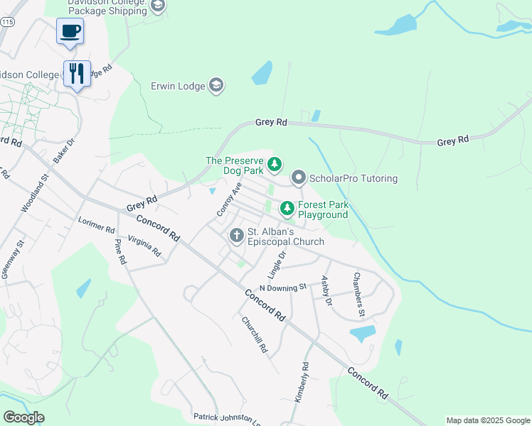 map of restaurants, bars, coffee shops, grocery stores, and more near 241 Fairview Lane in Davidson