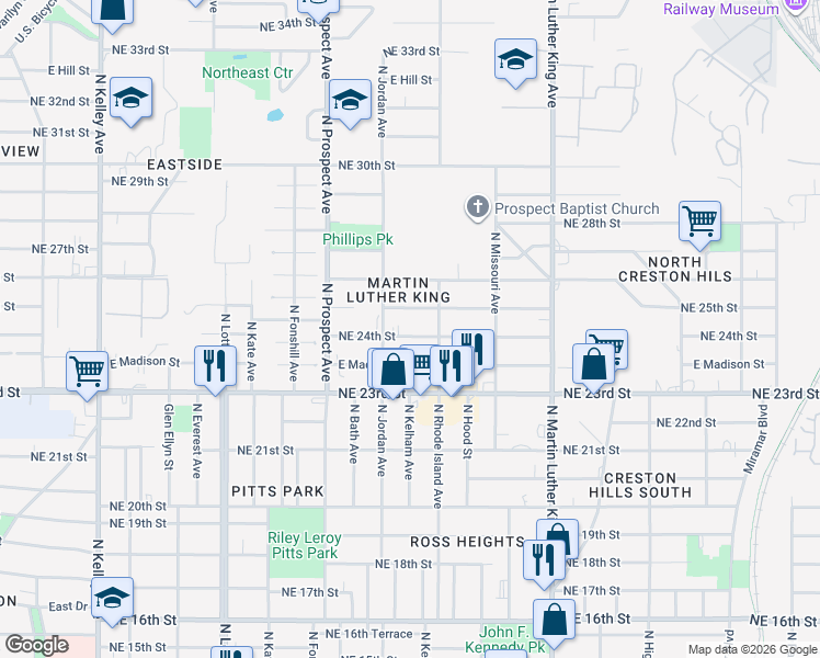 map of restaurants, bars, coffee shops, grocery stores, and more near 1705 East Madison Street in Oklahoma City