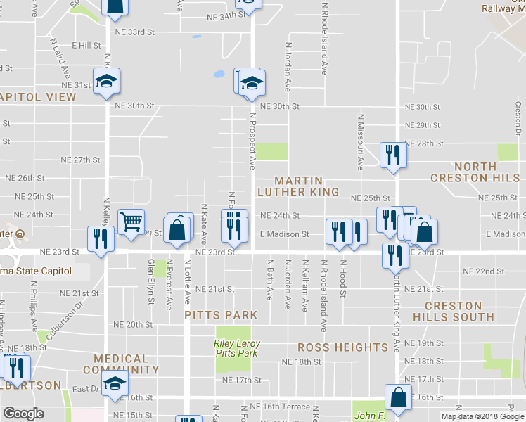 map of restaurants, bars, coffee shops, grocery stores, and more near 1509 East Madison Street in Oklahoma City