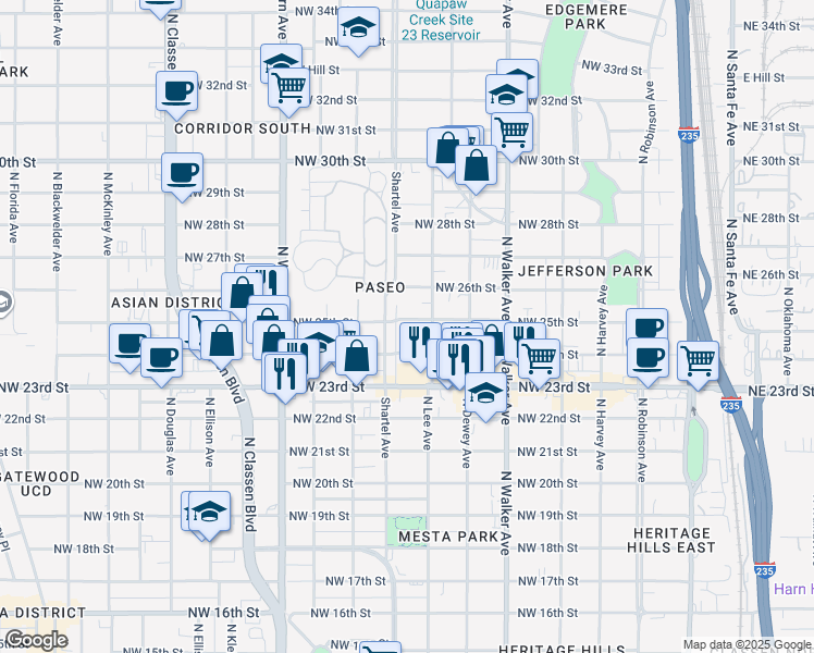 map of restaurants, bars, coffee shops, grocery stores, and more near 733 Northwest 24th Street in Oklahoma City