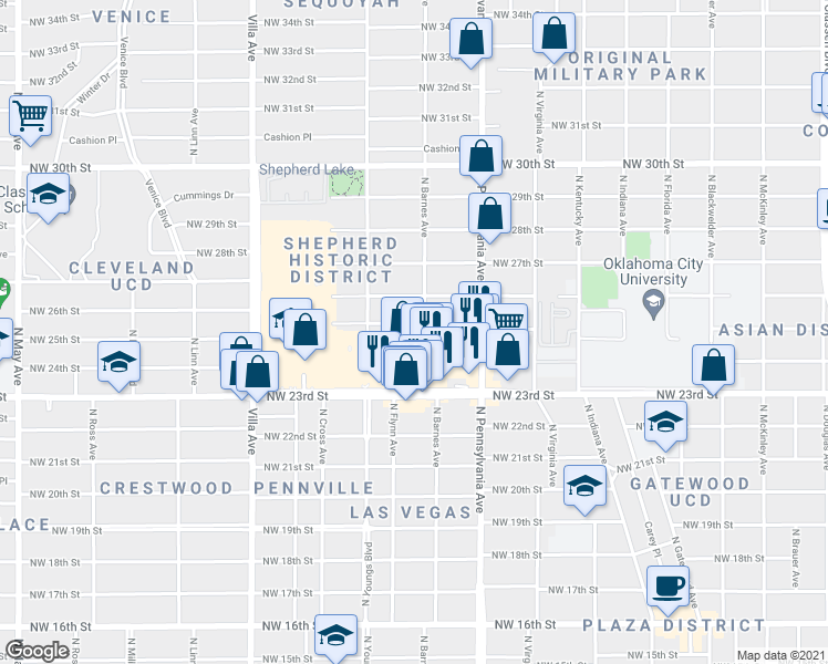 map of restaurants, bars, coffee shops, grocery stores, and more near 2217 Northwest 23rd Street in Oklahoma City