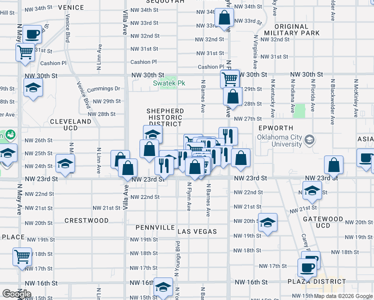 map of restaurants, bars, coffee shops, grocery stores, and more near 2217 Northwest 23rd Street in Oklahoma City