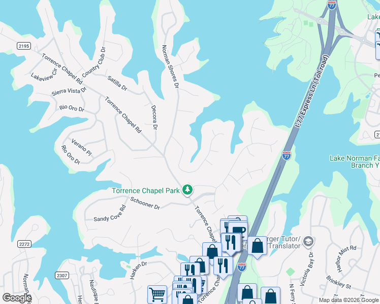 map of restaurants, bars, coffee shops, grocery stores, and more near 21420 Blakely Shores Drive in Cornelius