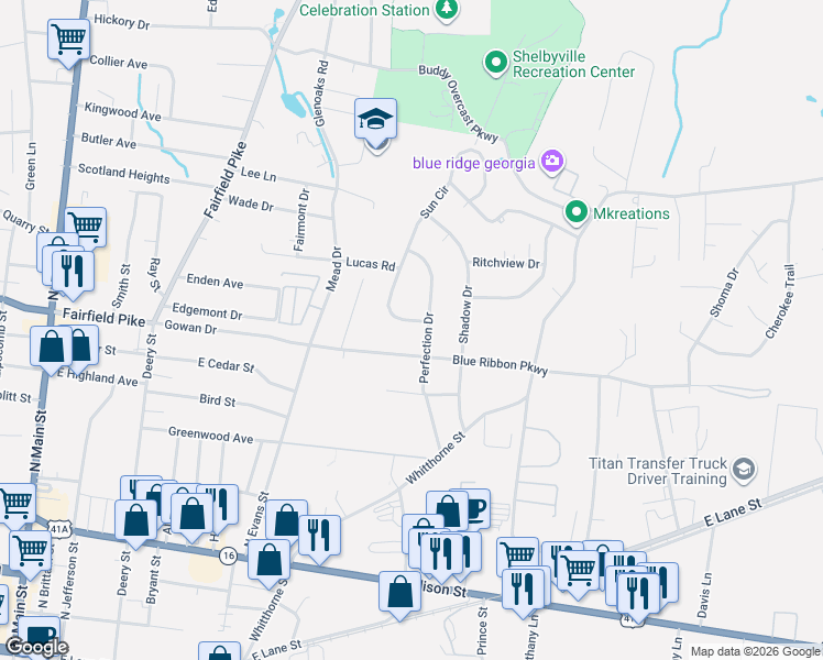 map of restaurants, bars, coffee shops, grocery stores, and more near 201 Blue Ribbon Parkway in Shelbyville