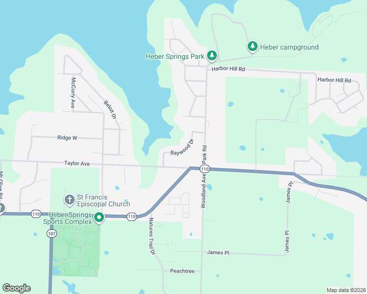 map of restaurants, bars, coffee shops, grocery stores, and more near 11 Baywood Drive in Heber Springs