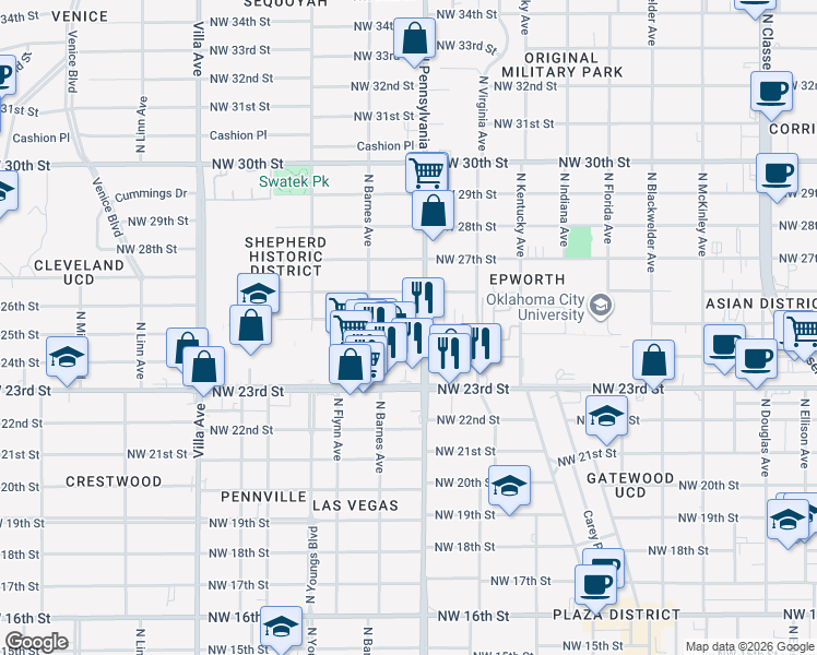 map of restaurants, bars, coffee shops, grocery stores, and more near 2501 North Pennsylvania Avenue in Oklahoma City
