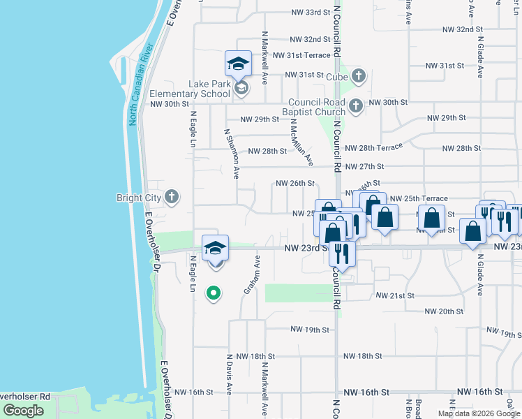 map of restaurants, bars, coffee shops, grocery stores, and more near 8200 Northwest 25th Street in Bethany