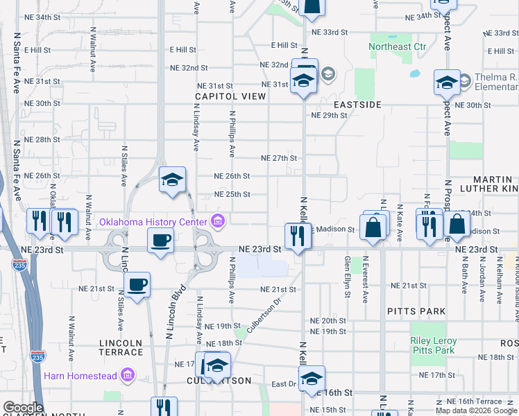 map of restaurants, bars, coffee shops, grocery stores, and more near 836 Northeast 24th Street in Oklahoma City