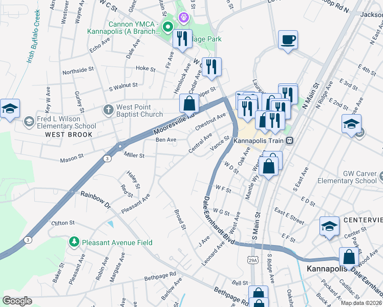 map of restaurants, bars, coffee shops, grocery stores, and more near 333 Vance Avenue in Kannapolis
