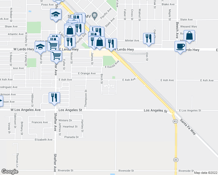 map of restaurants, bars, coffee shops, grocery stores, and more near 455 East Ash Avenue in Shafter
