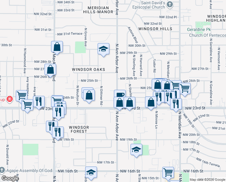 map of restaurants, bars, coffee shops, grocery stores, and more near 2501 North Ann Arbor Avenue in Oklahoma City