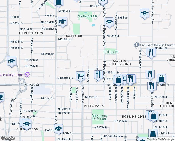 map of restaurants, bars, coffee shops, grocery stores, and more near 1400 Monticello Court in Oklahoma City