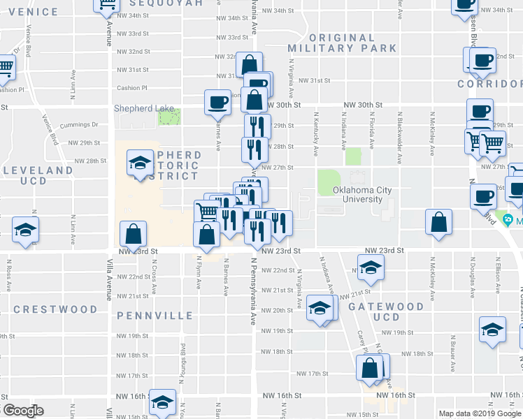 map of restaurants, bars, coffee shops, grocery stores, and more near 2042 Northwest 25th Street in Oklahoma City