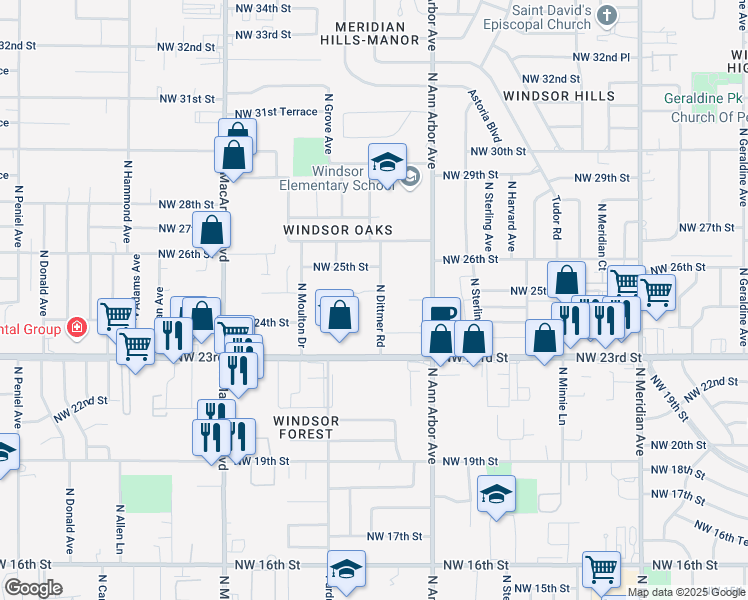 map of restaurants, bars, coffee shops, grocery stores, and more near 2509 North Ditmer Road in Oklahoma City