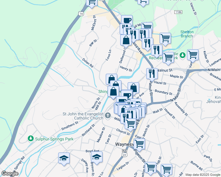 map of restaurants, bars, coffee shops, grocery stores, and more near 1 Love Lane in Waynesville