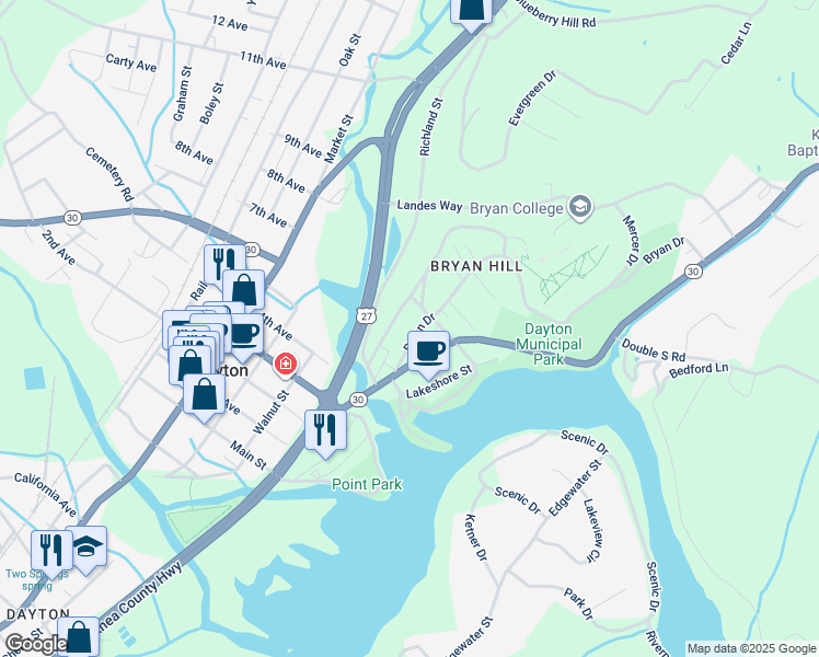 map of restaurants, bars, coffee shops, grocery stores, and more near 232 College Street in Dayton