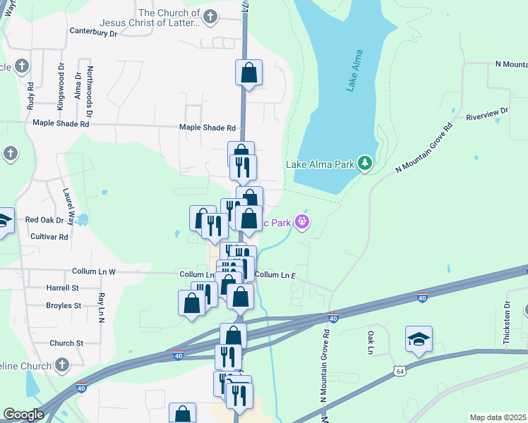 map of restaurants, bars, coffee shops, grocery stores, and more near 121 Lake Drive in Alma