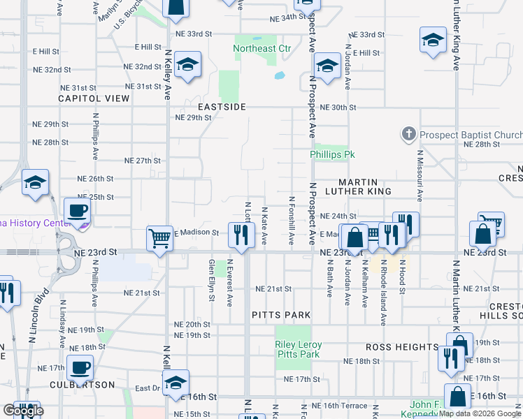 map of restaurants, bars, coffee shops, grocery stores, and more near 1400 Monticello Court in Oklahoma City